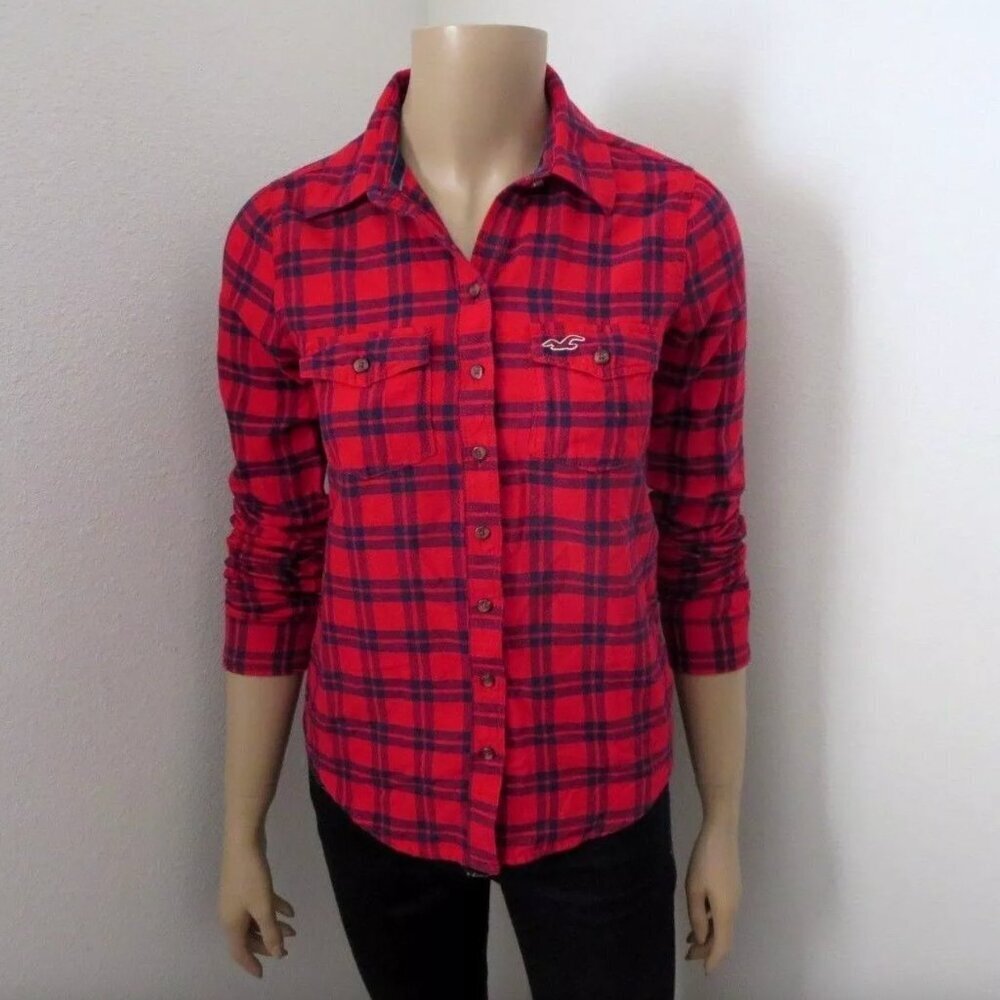 NWT Hollister Womens Plaid Shirt Size XS Top Red & Navy Blue